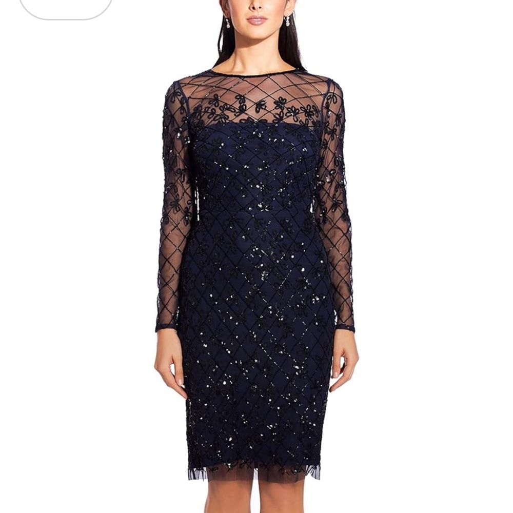 Adrianna Papell Navy Beaded Coctail Dress - Picture 3 of 13